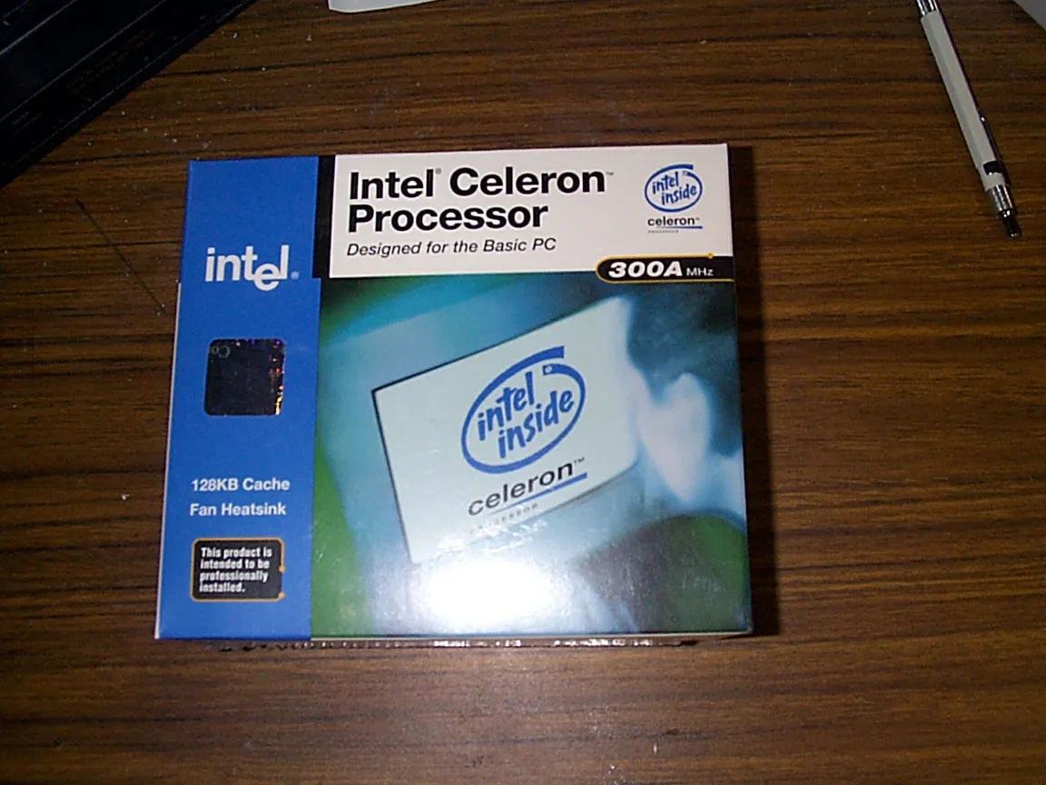 Intel Celeron 300A retail box on a desk